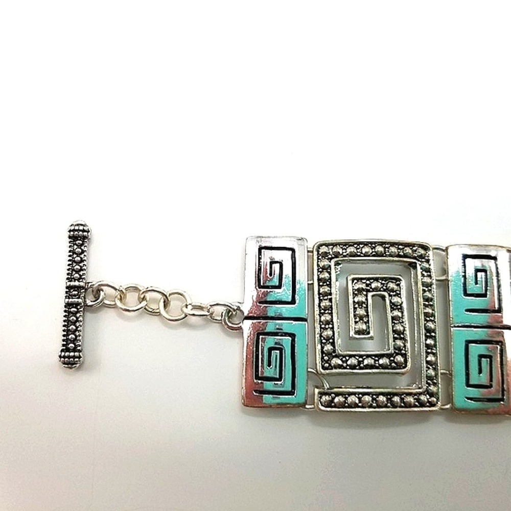 Greek Keysquare Bracelet Chunky Silvertone & Black Spiral Link T-Bar Closure - Picture 5 of 14